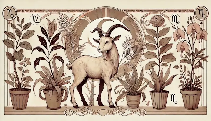Plants for Capricorn. Art Nouveau illustration of a goat with ZZ Plant, Rubber Plant, and Cast Iron Plant.