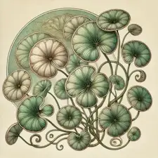Art Nouveau illustration of a Chinese Money Plant with round, coin-shaped leaves.