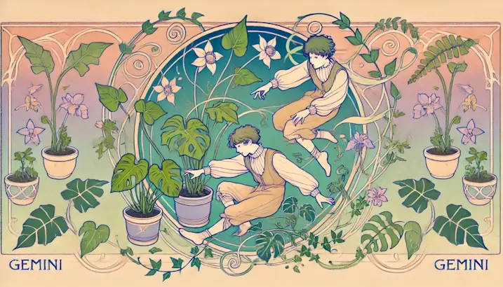 Plants for Gemini. Art Nouveau illustration of two twins with Spider Plant, Pothos, and English Ivy.