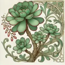 Art Nouveau illustration of a Jade Plant with thick, fleshy leaves.