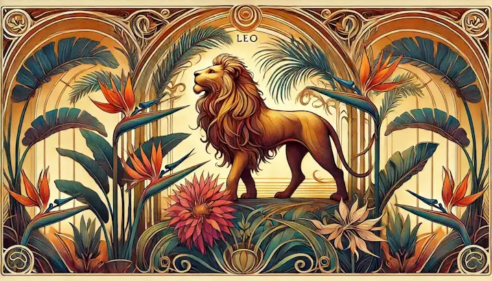 Plants for Leo. Art Nouveau illustration of a lion with Bird of Paradise, Croton, and Majesty Palm.