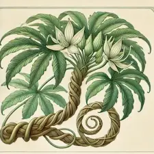 Art Nouveau illustration of a Money Tree with a braided trunk and green leaves