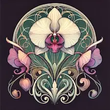 Art Nouveau illustration of an Orchid with symmetrical blooms