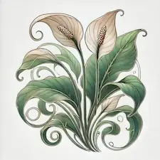 Art Nouveau illustration of a Peace Lily with white blooms and green leaves.