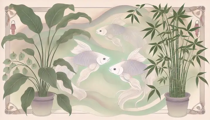 Plants for Pisces. Art Nouveau illustration of two fish with Calathea, Prayer Plant, and Lucky Bamboo.