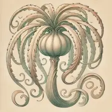 Art Nouveau illustration of a Ponytail Palm with a bulbous trunk and cascading leaves.
