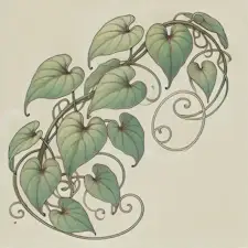 Art Nouveau illustration of a Pothos with trailing vines and heart-shaped leaves.