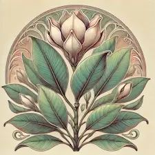 Art Nouveau illustration of a Rubber Plant with large, glossy leaves.