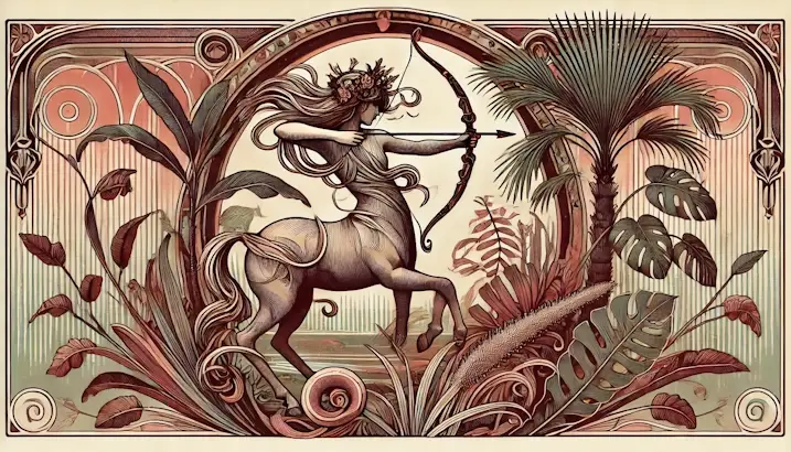 Plants for Sagittarius. Art Nouveau illustration of a centaur with Ponytail Palm, Arrowhead Plant, and Rubber Plant.