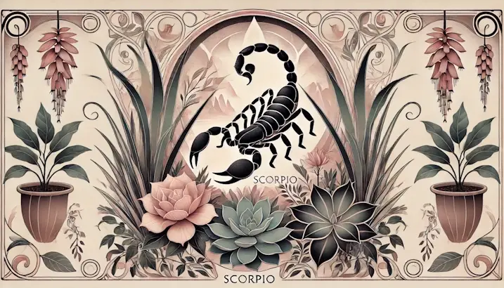 Plants for Scorpio. Art Nouveau illustration of a scorpion with Aloe Vera, Snake Plant, and Black Velvet Alocasia.