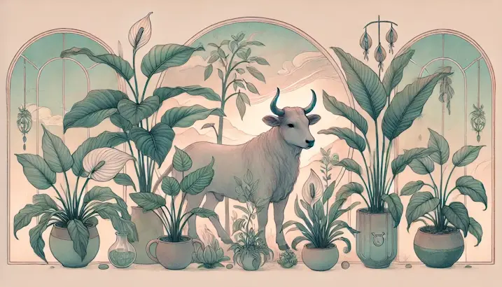Plants for Taurus. Art Nouveau illustration of a young bull surrounded by Peace Lily, Rubber Plant, and Money Tree.
