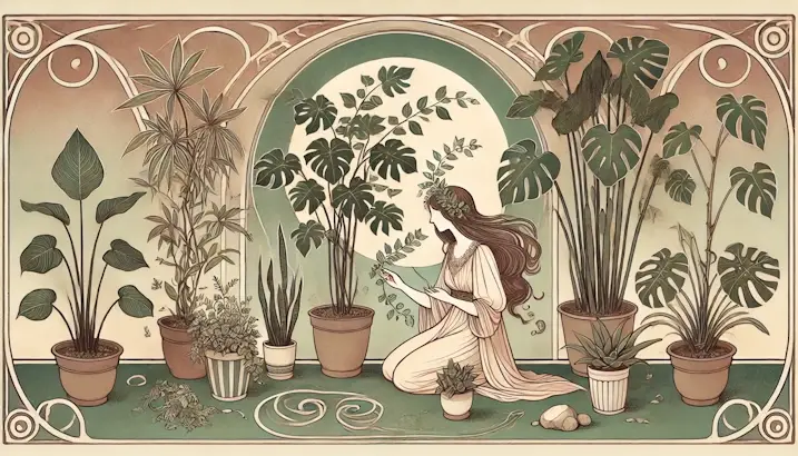 Plants for Virgo. Art Nouveau illustration of a maiden with Monstera, Snake Plant, and Rubber Plant.
