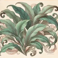 Art Nouveau illustration of a ZZ Plant with lush, glossy leaves.