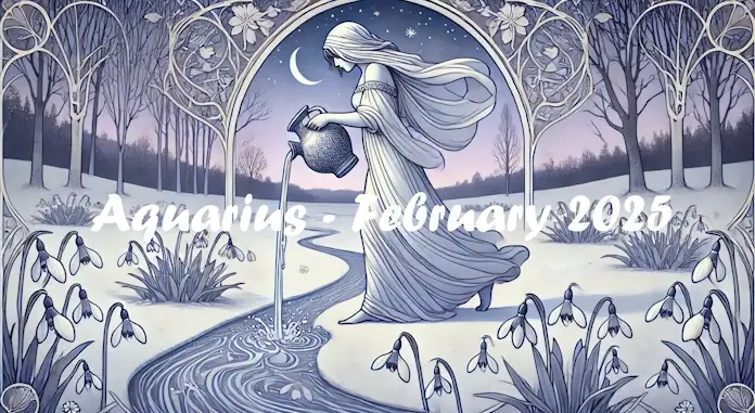Aquarius casts water into a stream in a snowy February field with snowdrops blooming all around.