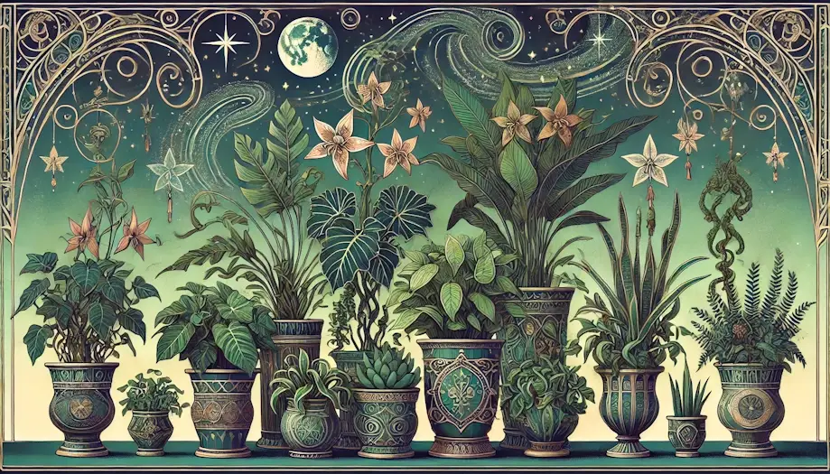 An assortment of houseplants set against a starry sky