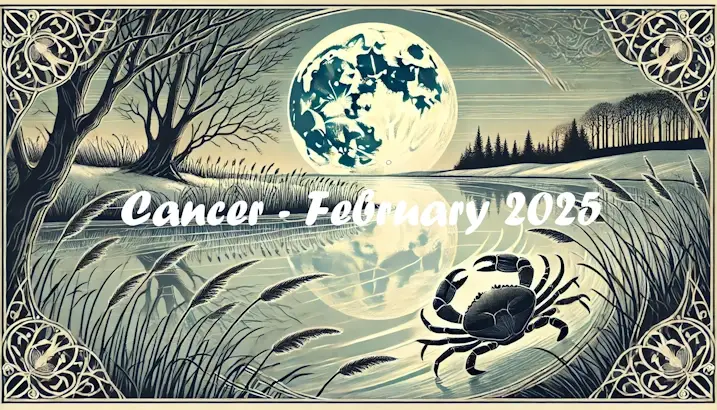 Cancer the Crab by a moonlit lake in a snowy February landscape.