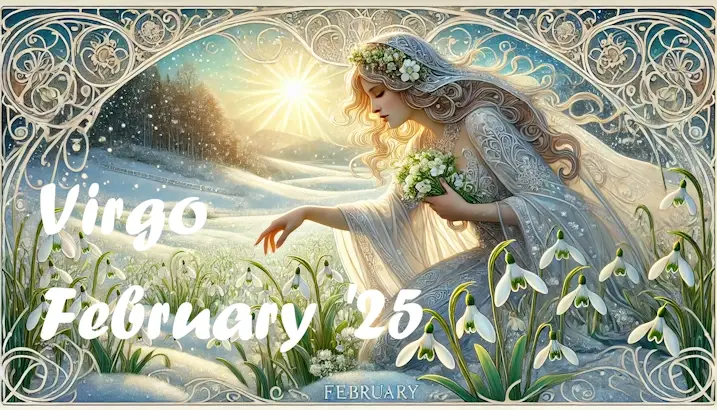 Virgo picks snowdrops in a snow-dusted field as the sun rises on a crisp February day.