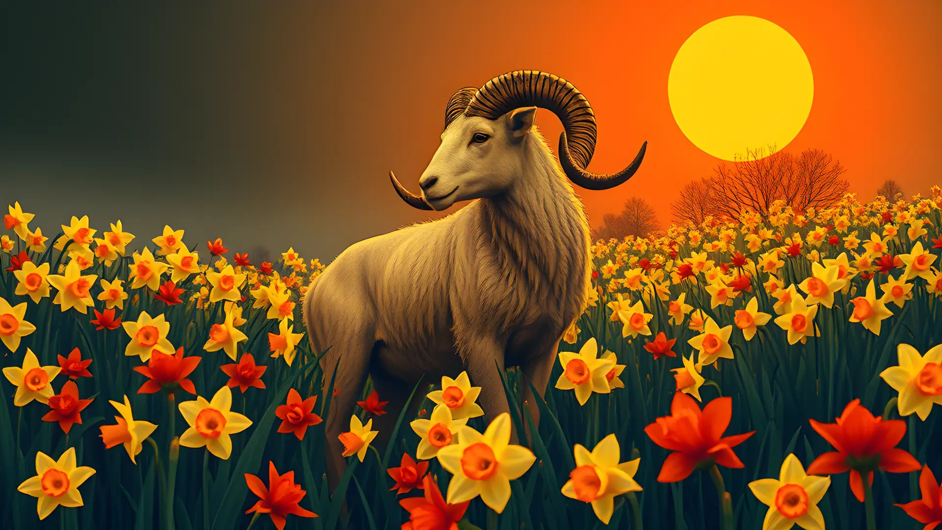 Aries the Ram in a field of daffodils during the March 2025 solar eclipse