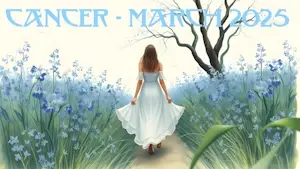 A woman walks forwards into a field full of bluebells.