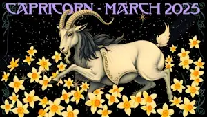 Capricorn the Goat frolics in a field of daffodils.