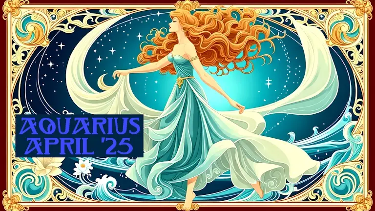 A woman strides confidently through the cosmos. The title reads "Aquarius April '25."