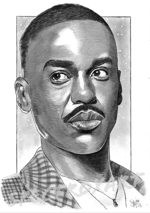 A pencil drawing of Ncuti Gatwa as Doctor Who.