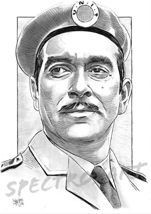 A pencil drawing of Nicholas Courtney as The Brigadier.