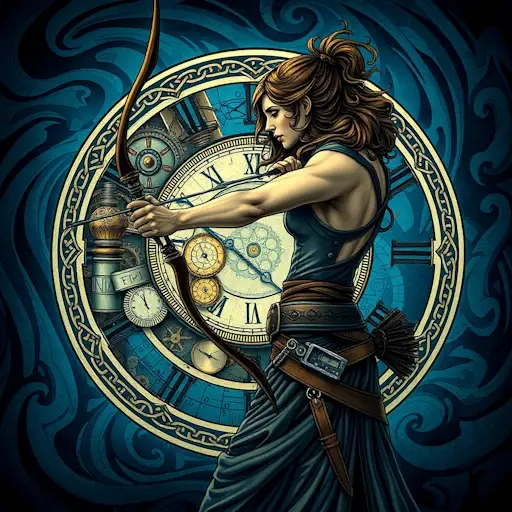 Sagittarius draws her bow against a background of swirling clocks.