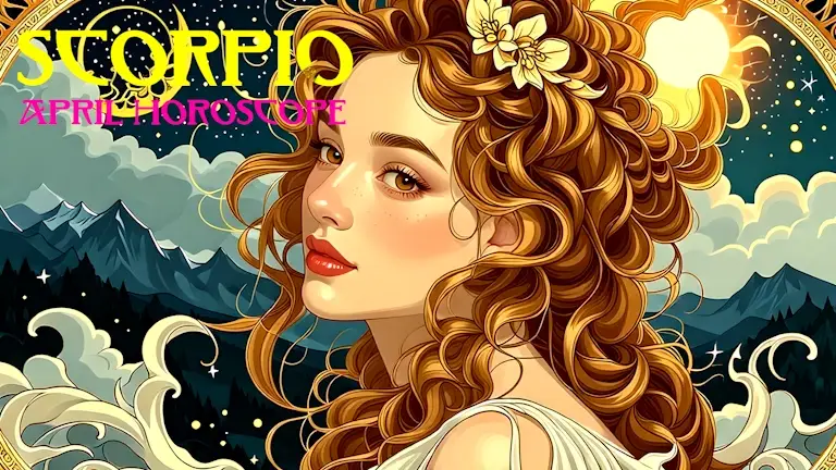 A woman against a landscape of earth, air, fire and water. The label reads "Scorpio April Horoscope"