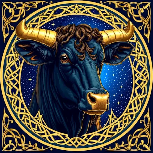 Taurus the Bull against a deep-space starfield framed with a Celtic knotwork border