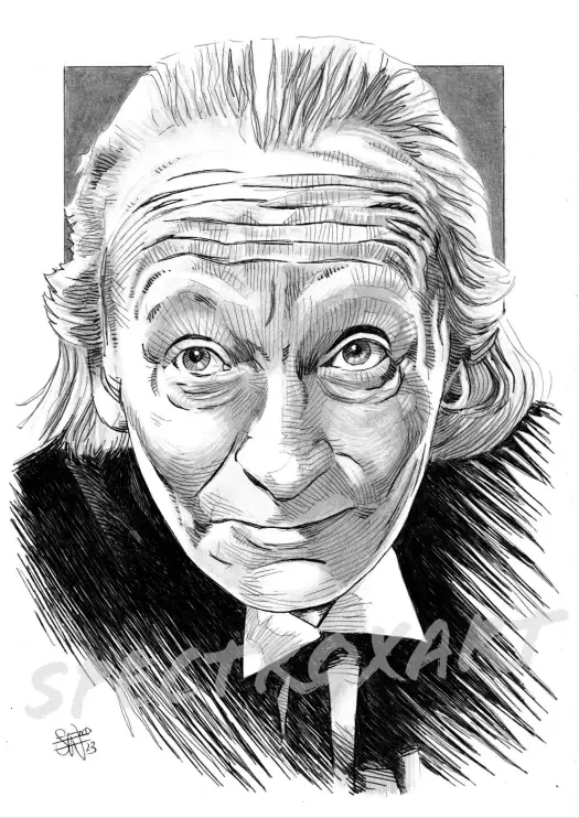 A pencil drawing of William Hartnell as Doctor Who.