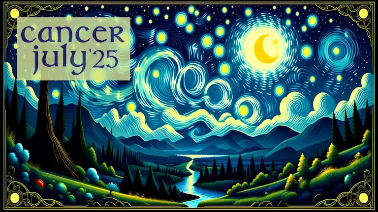 A moonlit night in the style of van Gogh - text reads "Cancer July '25"