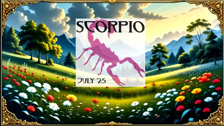 A label depicting a silhouetted scorpion and the words Scorpio July '25 placed over an idyllic meadow