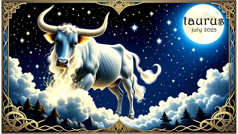 Taurus the Bull in a magical sky. The text on the moon reads Taurus July 2025