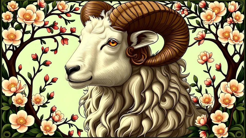 Aries the Ram bordered by flowers in an Art Nouveau style