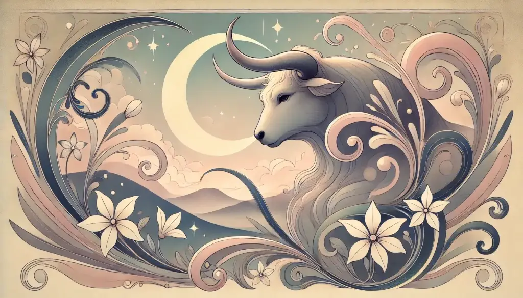 Taurus the Bull in a field of flowers lit by a crescent moon