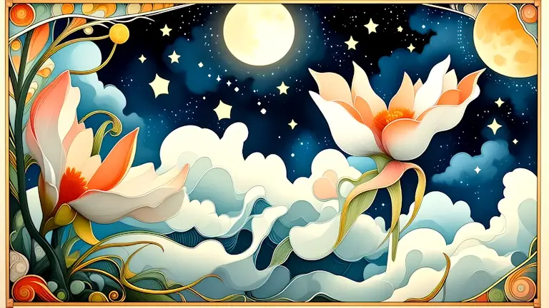 Abstract image of flowers and clouds set against a starry sky