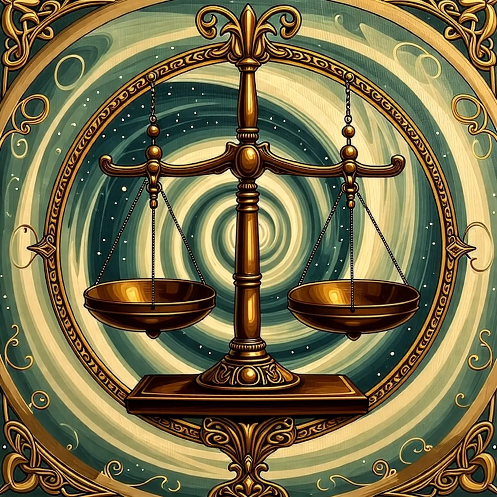 The Libra scales against a swirling vortex