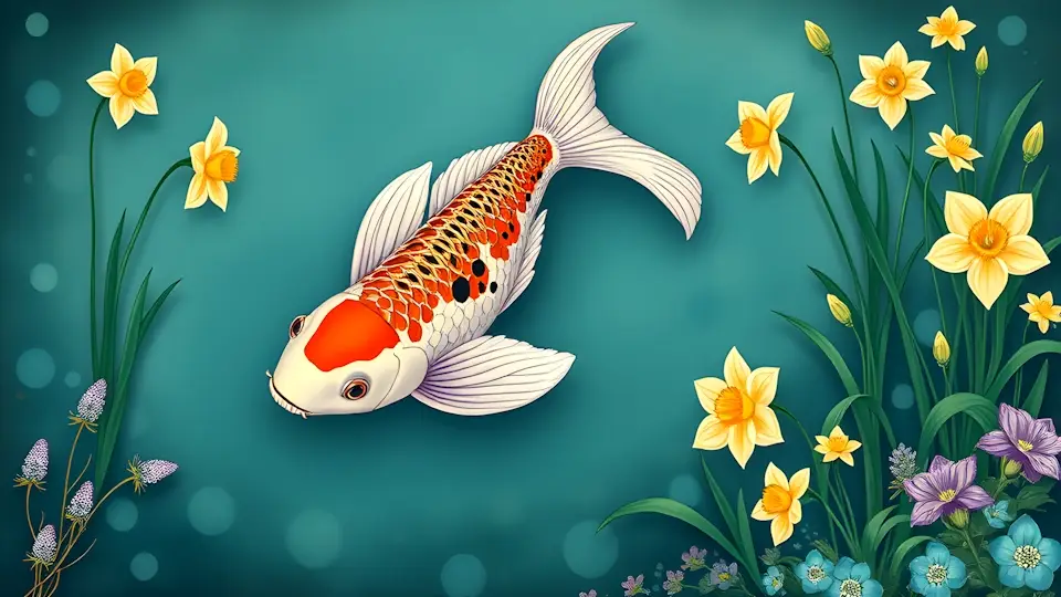 An ornamental fish swims between the flowers