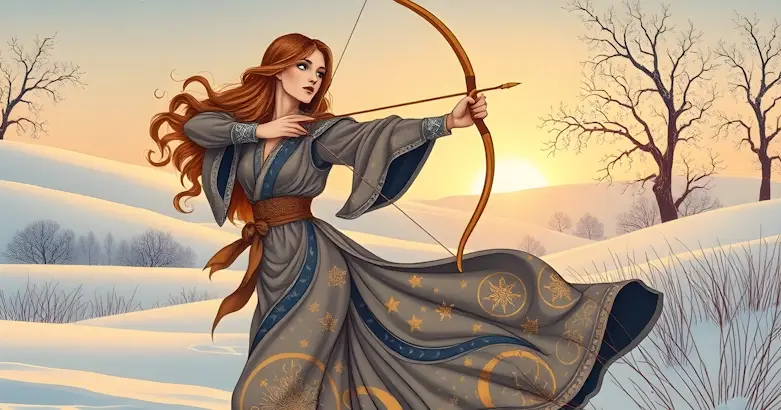 Sagittarius dressed in magical robes, firing an arrow.