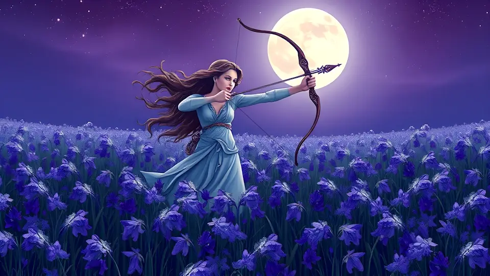 Sagittarius aims her arrow in a field of bluebells illuminated by the light of a full mnnon