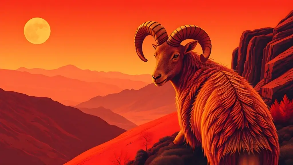 Aries the Ram stands high on a mountain as the sun sets - he is bathed in red and orange hues.