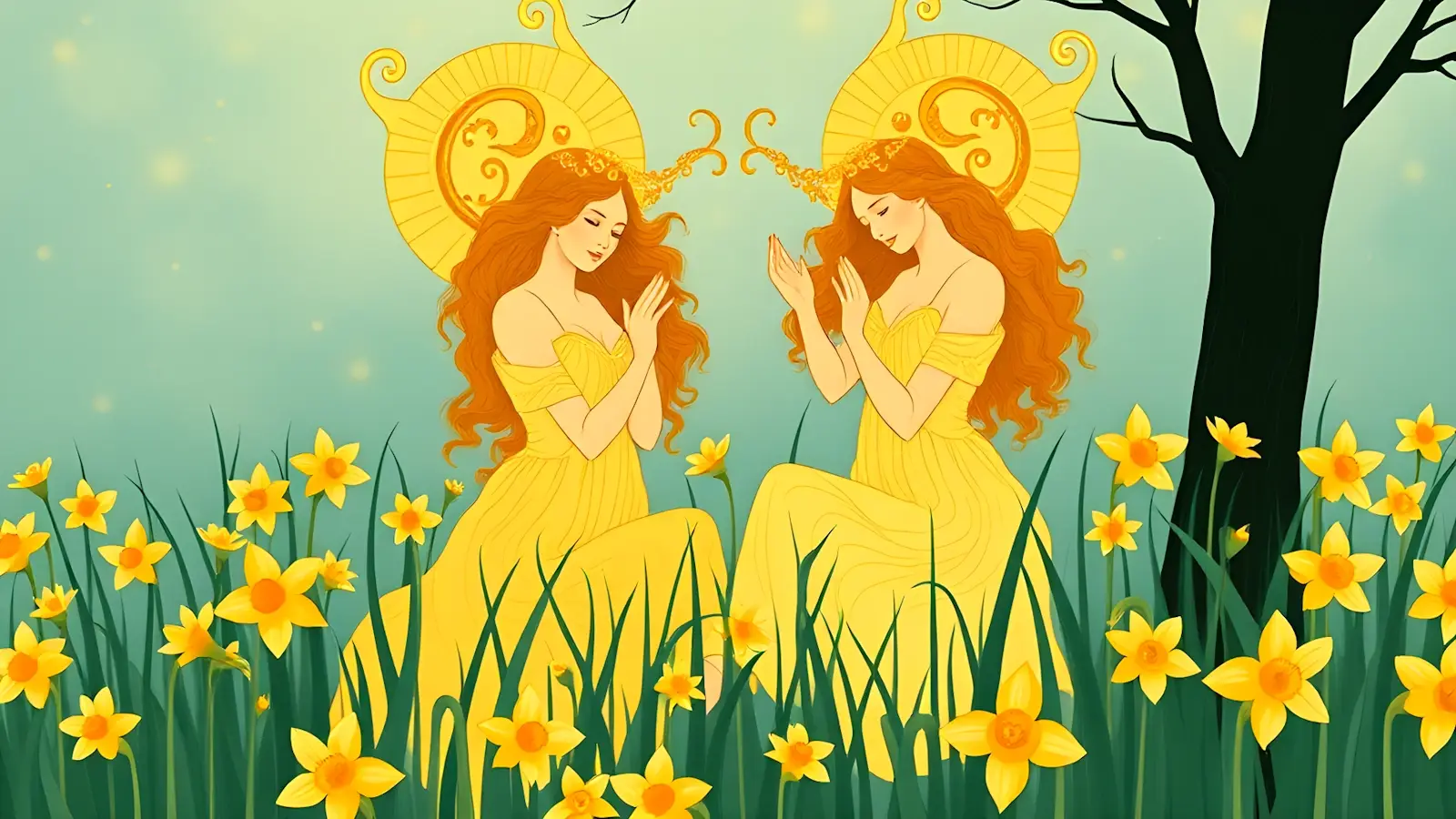 The Gemini twins sitting in a field of daffodils in Art Nouveau style