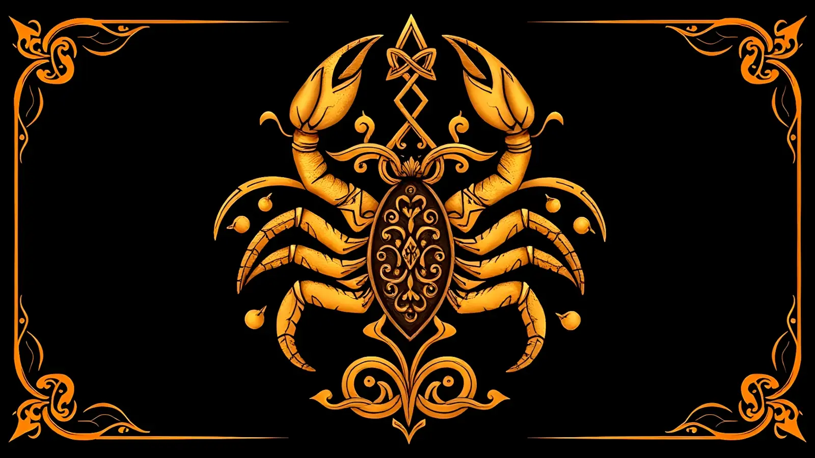 A stylised depiction of Scorpio in gold on black.