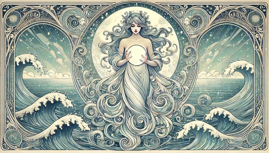 A beautiful water spirit rises from the wave delivering a ball of glowing moonlight in an ornate and magical Art Nouveau style.