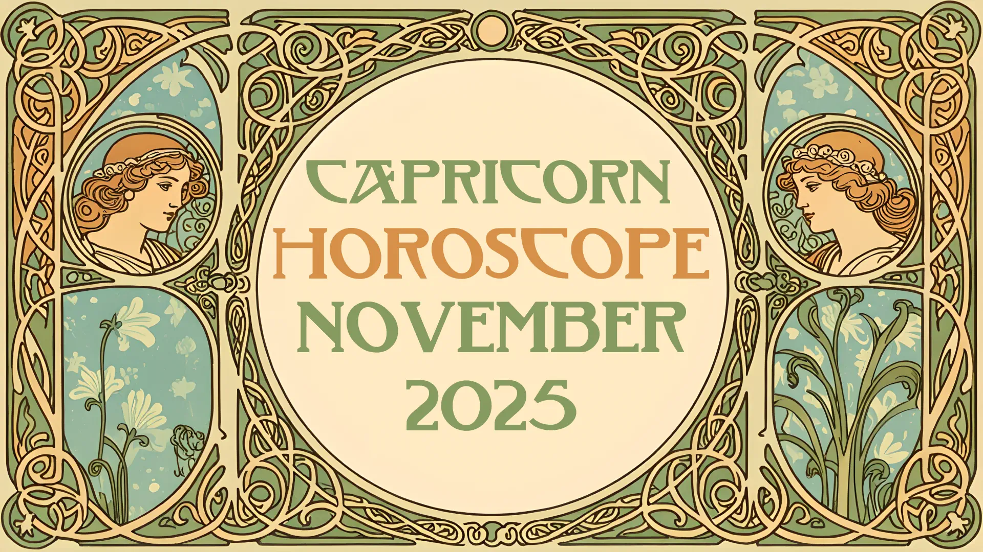 "Capricorn Horoscope November 2025" written within an ornate Art Nouveau styled Celtic knotwork border.