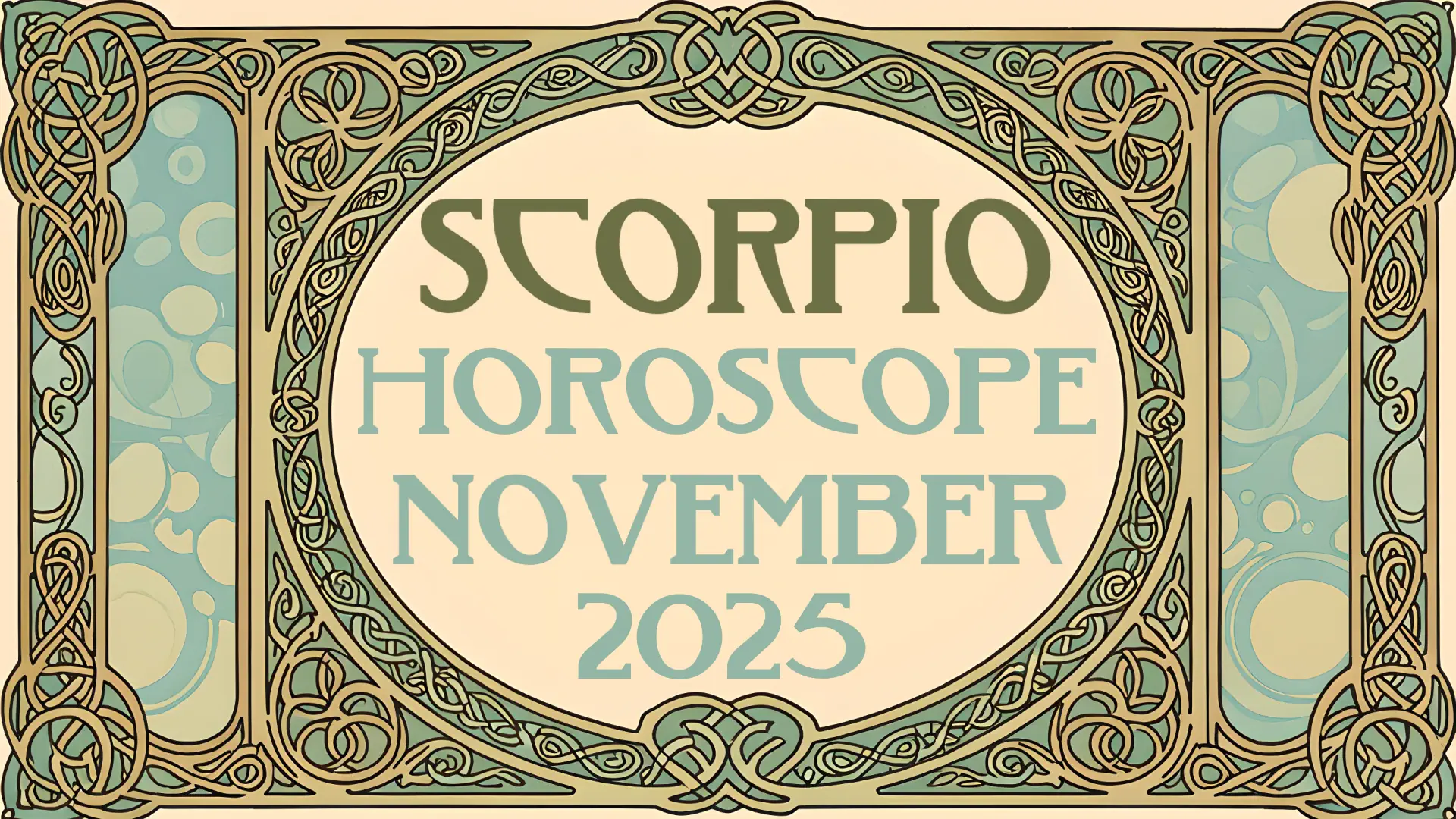 The words "Scorpio Horoscope November 2025" in an Art Nouveau font set inside a Celtic knotwork frame.