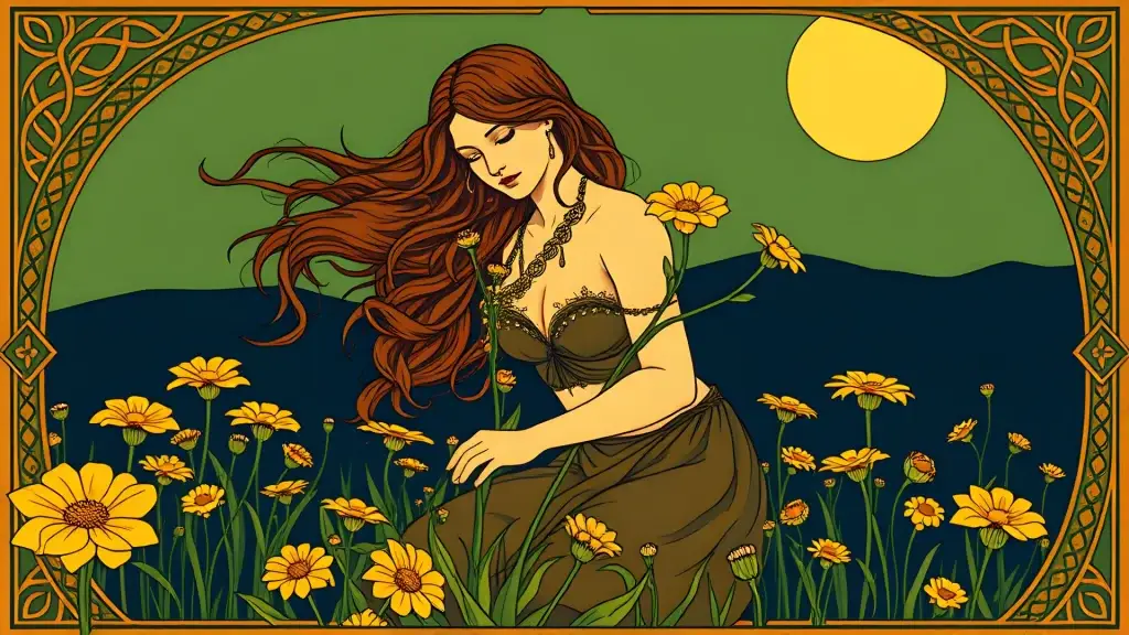Virgo stoops to pick flowers in a meadow. Art Nouveau image surrounded by a Celtic knotwork motif.