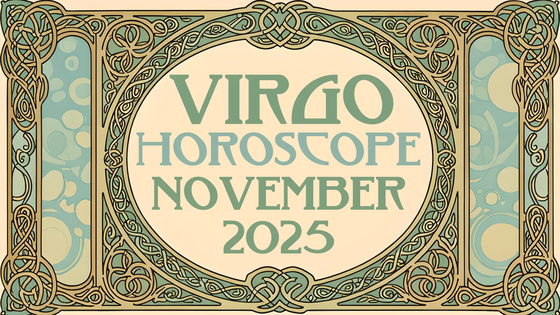 The words "Virgo Horoscope November 2025" in an Art Nouveau style set within an elaborate frame of Celtic knotwork.