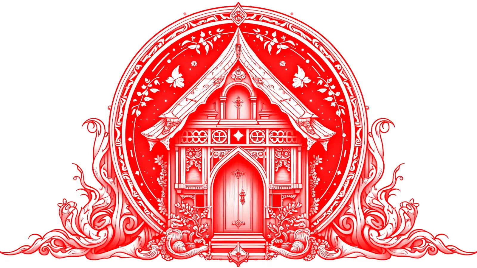 A mysterious house in red and white monochrome